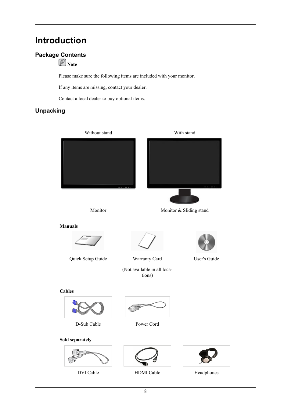 Introduction, Package contents, Unpacking | Samsung 2693HM User Manual | Page 9 / 95