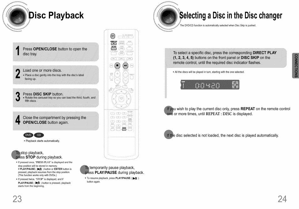 Disc playback, Press open/close button to open the, To stop playback | Press stop during playback, Selecting a disc in the disc changer | Samsung HT-DS660T User Manual | Page 13 / 42