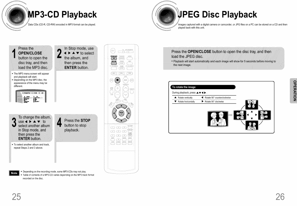 Mp3-cd playback, Button to open the disc tray, and then, To change the album, use ◄ ► a ▼ to | Enter button, In stop mode, use, Press the stop, Jpeg disc playback, Press the open/close button, To open the disc, And then | Samsung HT-DS660T User Manual | Page 14 / 42