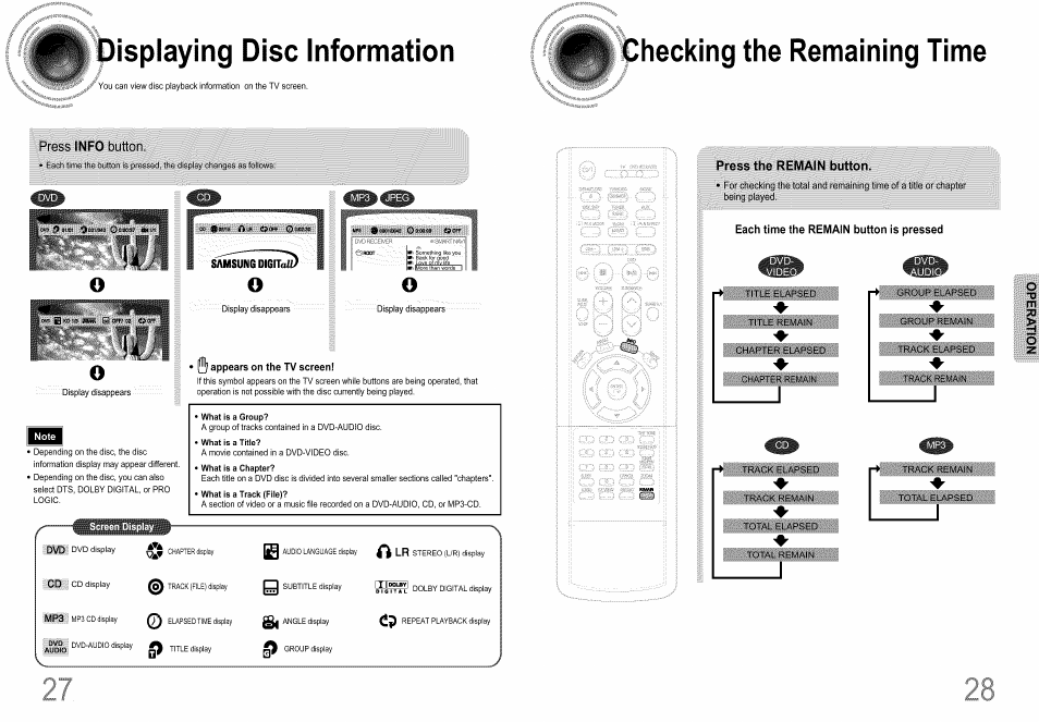 Displaying disc information, Press info button, Checking the remaining time | Screen display л | Samsung HT-DS660T User Manual | Page 15 / 42