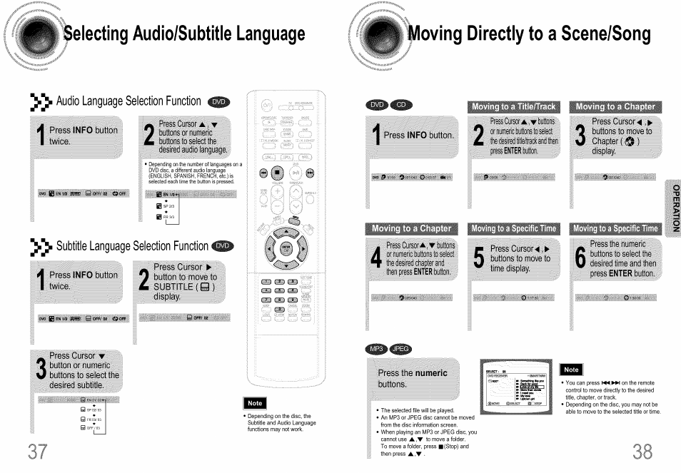 Selecting audio/subtitle language, Moving directly to a scene/song, Audio language selection function | Fcloiimmm | Samsung HT-DS660T User Manual | Page 20 / 42