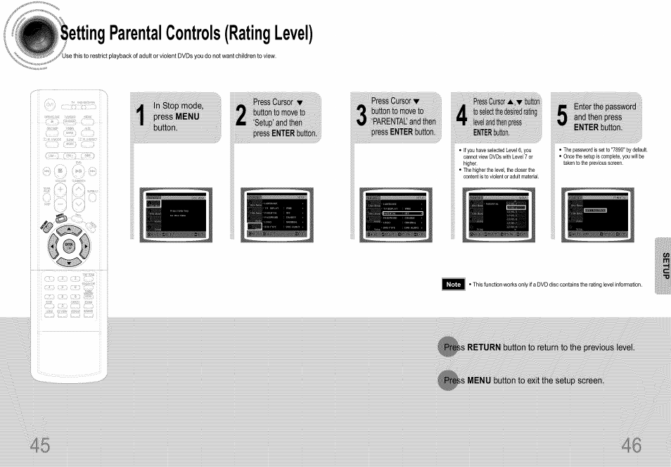 Letting parental controls (rating level), In stop mode, press menu button, Parental and then | Enter the password and then press | Samsung HT-DS660T User Manual | Page 24 / 42