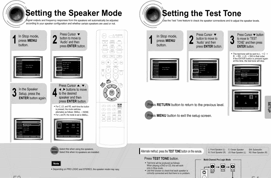 Setting the speaker mode, In stop mode, Setup, press the enter button again | Wss;tuispr-.if, Setting the test tone, Press enter button, Press menu button to exit the setup screen, Press test tone button, I alternate method: press the, Button on the remote | Samsung HT-DS660T User Manual | Page 28 / 42