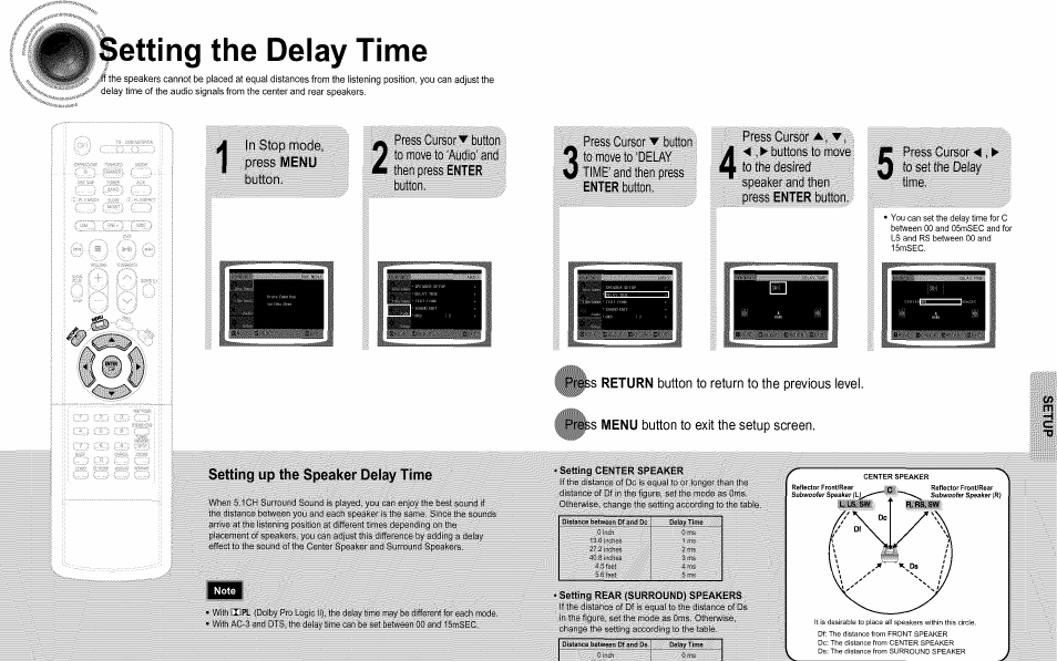 Setting the delay time, Press cursor a, Speaker and then | Press cursor, Return, Menu, O:o:o:o:o:oxoxoxo, Button to return to the previous level, s, Button to exit the setup screen | Samsung HT-DS660T User Manual | Page 29 / 42