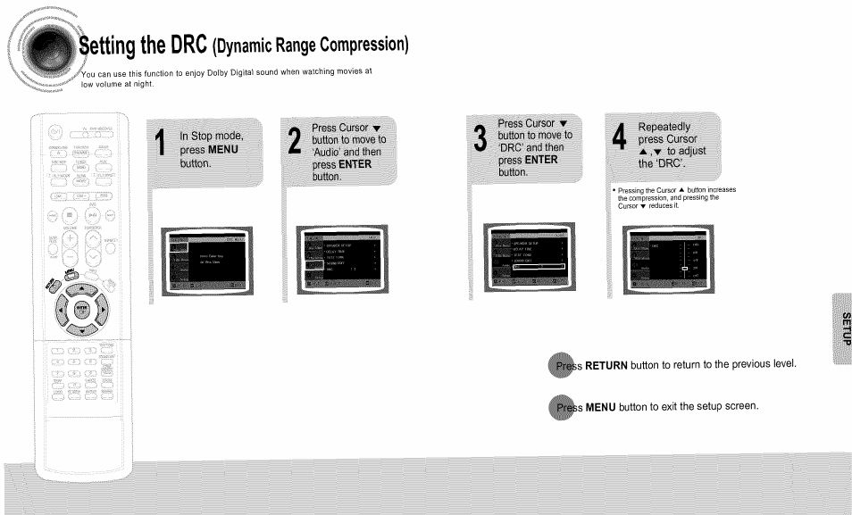 In stop mode, Hlnililu® i ‘drc and then, A ,▼ to adjust | Press menu button to exit the setup screen, Setting the drc, Dynamic range compression), Ipe^;;fmiidc, Llil, Iwililtt, Drc and then | Samsung HT-DS660T User Manual | Page 31 / 42