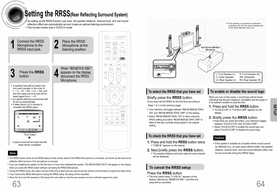 Position, When "remove mic, Briefly press the rrss button | Press and hold the rrss button, I to check the rrss that you have set, Press and hold the rrss button twice, Next,briefly press the rrss button, To cancel the rrss setup press the rrss button, Ssttinq thg rrssjrear, Reflecting surround system) | Samsung HT-DS660T User Manual | Page 33 / 42