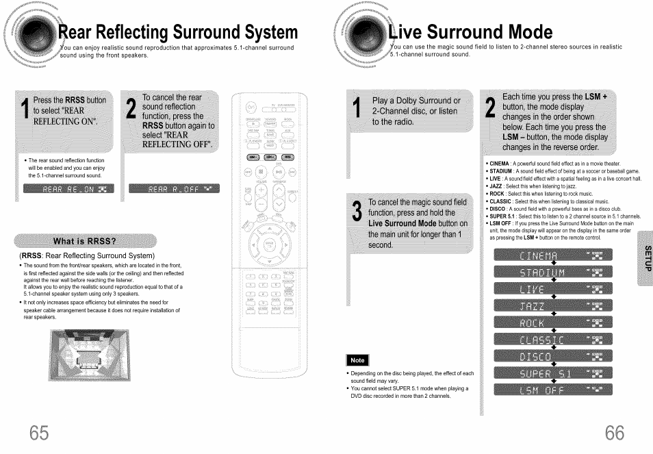 Rear reflecting surround system, To select, Press the rrss button | Rrss button again to, What is rrss, Live surround mode, A dolby surround or, To the radio, To cancel the magic sound field, Lsm i | Samsung HT-DS660T User Manual | Page 34 / 42