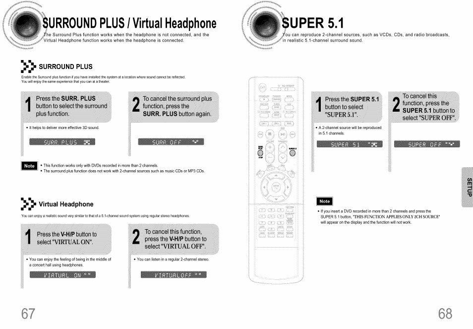 Surround plus / virtual headphone, Surround plus, Press the surr. plus | To cancel the surround plus, Function, press the, Surr. plus button again, Virtual headphone, H/p button to, To cancel this function, press the v-h/p button to, Super 5.1 | Samsung HT-DS660T User Manual | Page 35 / 42
