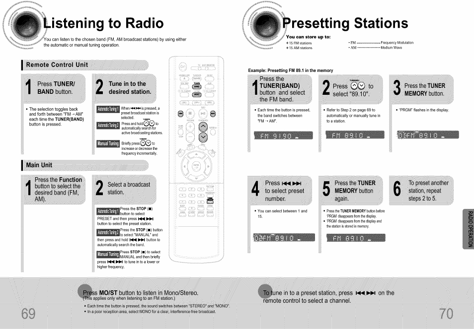 Listening to radio, Presetting stations, Press tuner | I main unit, Press the function, Button to select the, Tune in to the desired station, Select a broadcast, Tuner(band), To select preset | Samsung HT-DS660T User Manual | Page 36 / 42