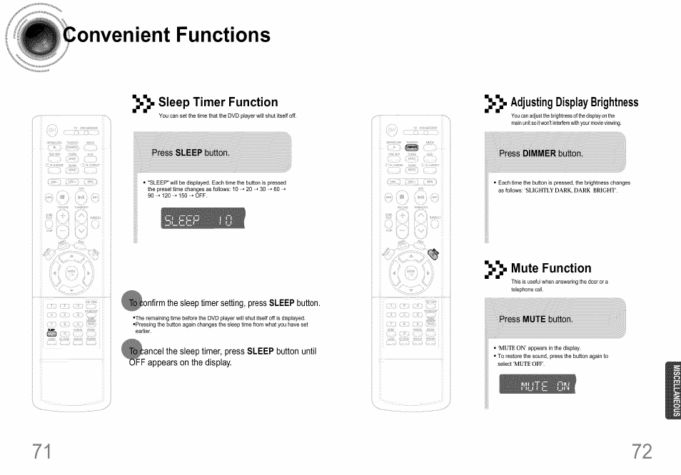 Convenient functions, Press sleep button, Press mute button | Adjusting display brightness, Sleep timer function, Mute function | Samsung HT-DS660T User Manual | Page 37 / 42