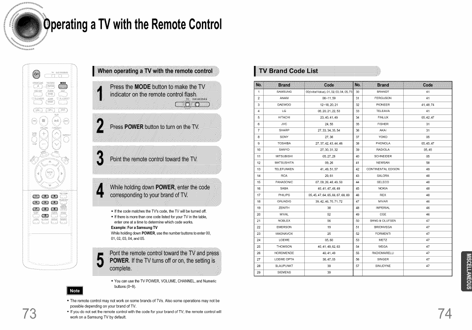 Operating a tv with the remote control, Pq рщ рг), M cap m | I when operating a tv with the, Remote control, Ng down power, enter the code, I tv brand code list, Modeb, I when operating a tv with the remote control, Power | Samsung HT-DS660T User Manual | Page 38 / 42