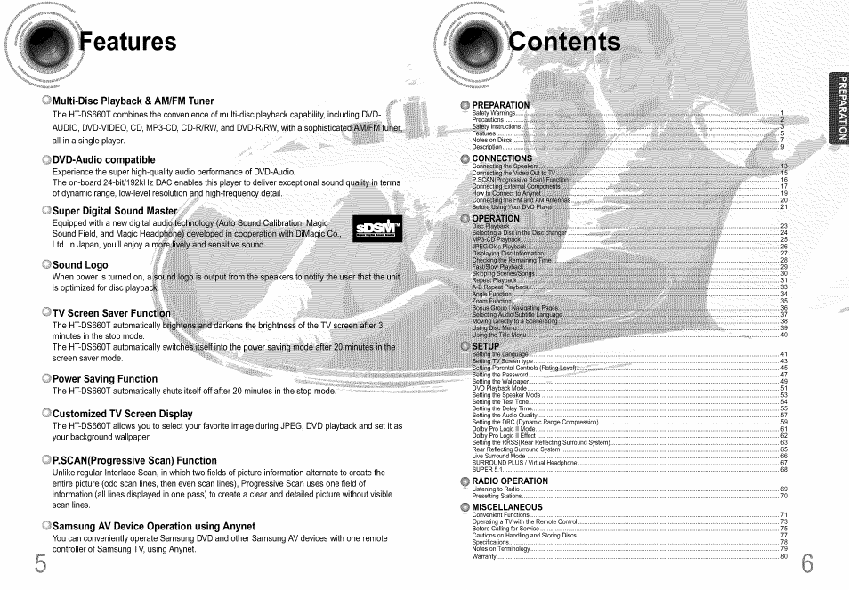 Features, Lì 3sp®s3scasas, 3 multi-disc playback & am/fm tuner | Dvd-audio compatible, Super digital sound master, So.ndlogo, Cl tv screen saver functi, Power saving function, Customized tv screen display, P.scan(progressive scan) function | Samsung HT-DS660T User Manual | Page 4 / 42