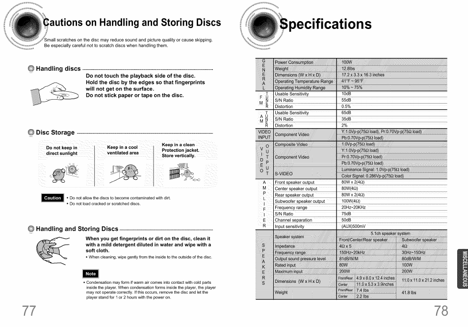 Specifications, Handling discs, Disc storage | Handling and storing discs, Cautions on handling and storing discs, Côlor sípbíi ib/236viiw§éi ibid) | Samsung HT-DS660T User Manual | Page 40 / 42