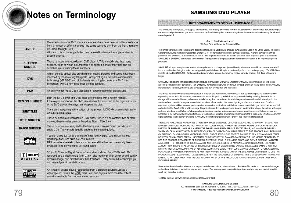 Notes on terminology, One (1) year parts and labor, Samsung customer care center | Samsung dvd player, Мррд|й|;г||)щат ptíí;dpd, Dolby | Samsung HT-DS660T User Manual | Page 41 / 42