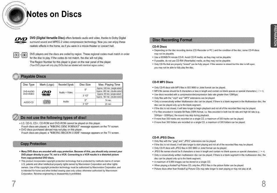 Notes on discs, Playable discs, Do not use the following types of disc | Copy protection, Disc recording format, B - h dvd (digital versatile disc) | Samsung HT-DS660T User Manual | Page 5 / 42