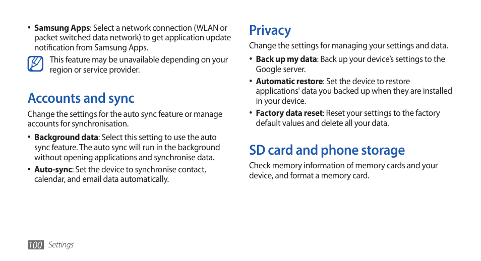 Accounts and sync, Privacy, Sd card and phone storage | Samsung GALAXY GT-S5570 User Manual | Page 100 / 126