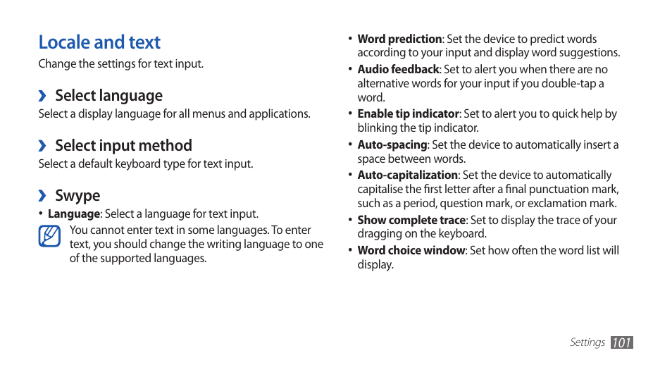 Locale and text, Select language, Select input method | Swype | Samsung GALAXY GT-S5570 User Manual | Page 101 / 126