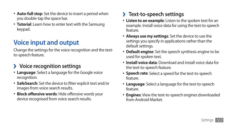 Voice input and output, Text-to-speech settings, Voice recognition settings | Samsung GALAXY GT-S5570 User Manual | Page 103 / 126