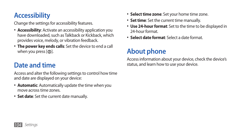 Accessibility, Date and time, About phone | Accessibility date and time about phone | Samsung GALAXY GT-S5570 User Manual | Page 104 / 126