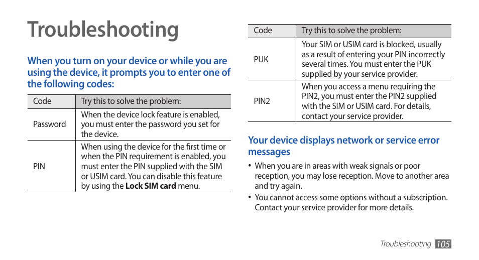 Troubleshooting | Samsung GALAXY GT-S5570 User Manual | Page 105 / 126