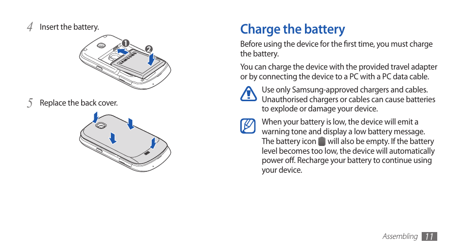Charge the battery | Samsung GALAXY GT-S5570 User Manual | Page 11 / 126