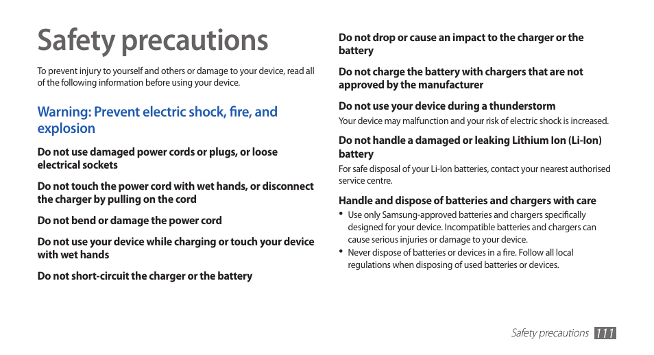 Safety precautions | Samsung GALAXY GT-S5570 User Manual | Page 111 / 126
