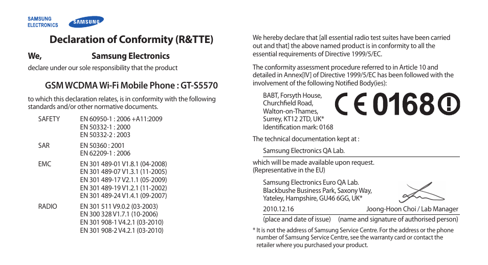 Declaration of conformity (r&tte) | Samsung GALAXY GT-S5570 User Manual | Page 125 / 126
