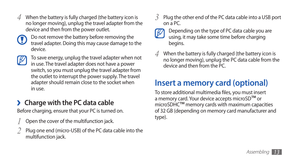 Insert a memory card (optional) | Samsung GALAXY GT-S5570 User Manual | Page 13 / 126