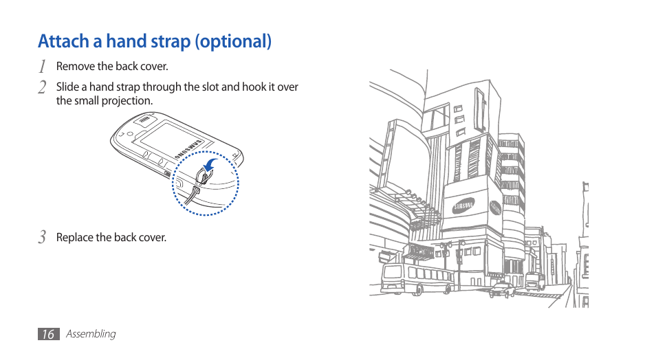 Attach a hand strap (optional) | Samsung GALAXY GT-S5570 User Manual | Page 16 / 126
