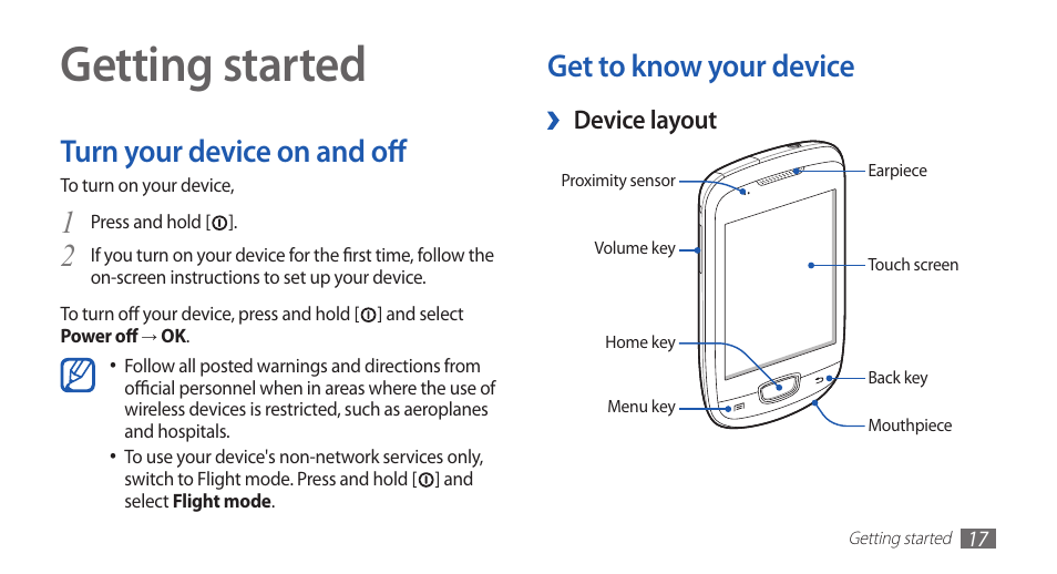 Getting started, Turn your device on and off, Get to know your device | Samsung GALAXY GT-S5570 User Manual | Page 17 / 126