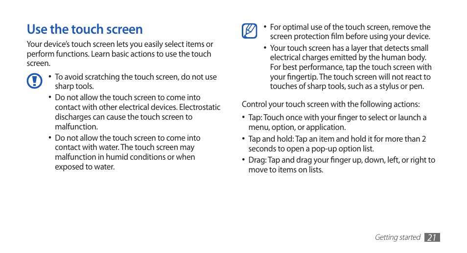 Use the touch screen | Samsung GALAXY GT-S5570 User Manual | Page 21 / 126