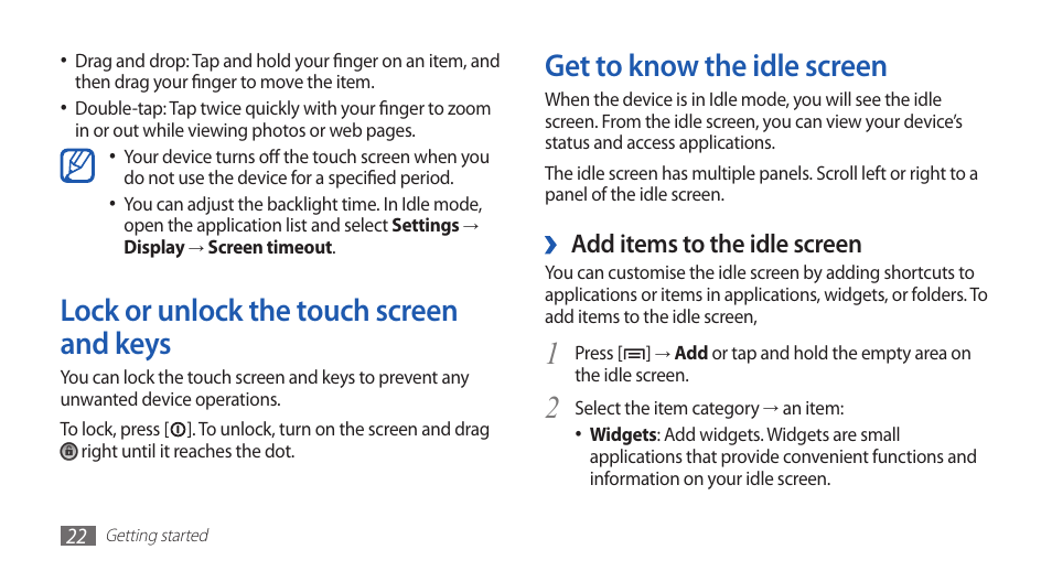Lock or unlock the touch screen and keys, Get to know the idle screen, Add items to the idle screen | Samsung GALAXY GT-S5570 User Manual | Page 22 / 126