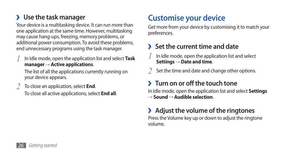 Customise your device | Samsung GALAXY GT-S5570 User Manual | Page 26 / 126