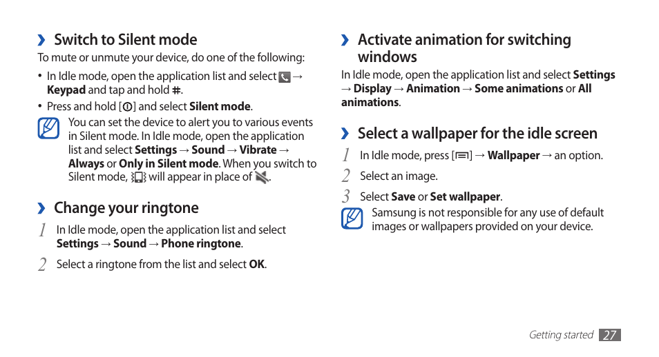 Activate animation for switching, Windows, Select a wallpaper for the idle screen | Switch to silent mode, Change your ringtone | Samsung GALAXY GT-S5570 User Manual | Page 27 / 126