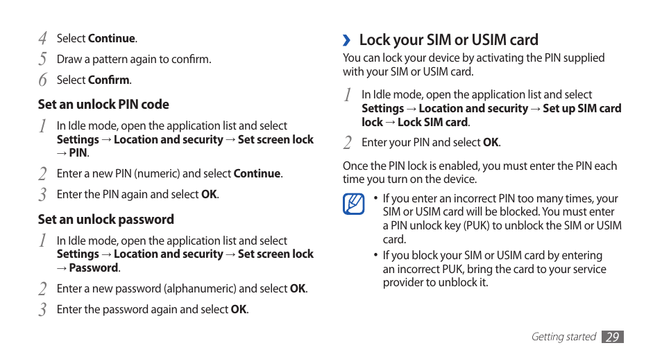 Lock your sim or usim card | Samsung GALAXY GT-S5570 User Manual | Page 29 / 126