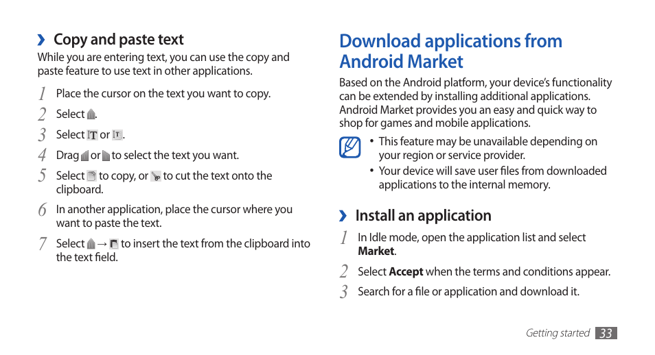 Download applications from android market, Download applications from android, Market | Samsung GALAXY GT-S5570 User Manual | Page 33 / 126