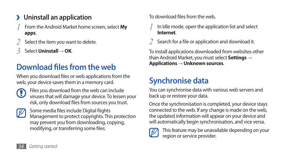 Download files from the web, Synchronise data, Download files from the web synchronise data | Samsung GALAXY GT-S5570 User Manual | Page 34 / 126