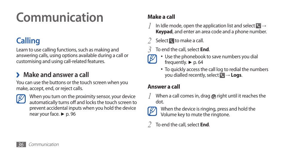 Communication, Calling | Samsung GALAXY GT-S5570 User Manual | Page 36 / 126