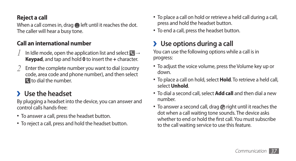 Use options during a call, Use the headset | Samsung GALAXY GT-S5570 User Manual | Page 37 / 126