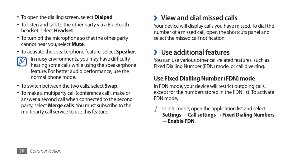 View and dial missed calls, Use additional features | Samsung GALAXY GT-S5570 User Manual | Page 38 / 126