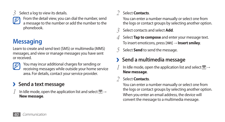 Messaging | Samsung GALAXY GT-S5570 User Manual | Page 40 / 126