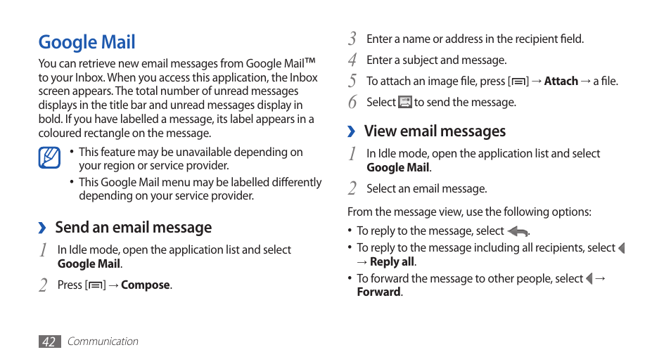 Google mail | Samsung GALAXY GT-S5570 User Manual | Page 42 / 126