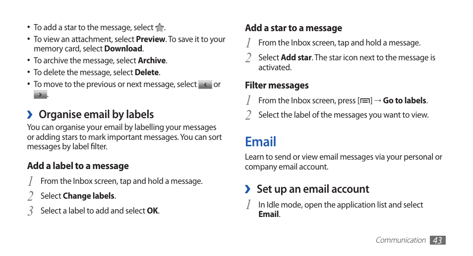 Email, 2email | Samsung GALAXY GT-S5570 User Manual | Page 43 / 126