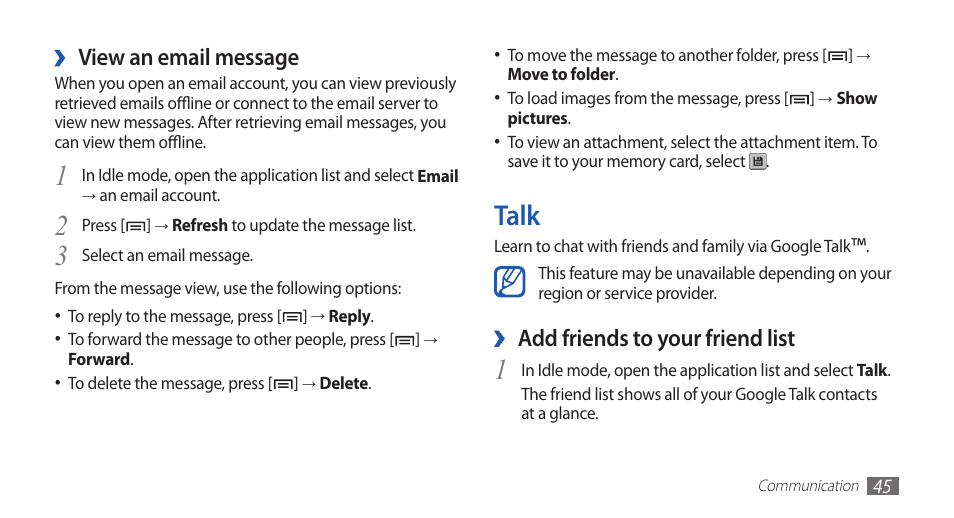 Talk, Add friends to your friend list, View an email message | Samsung GALAXY GT-S5570 User Manual | Page 45 / 126