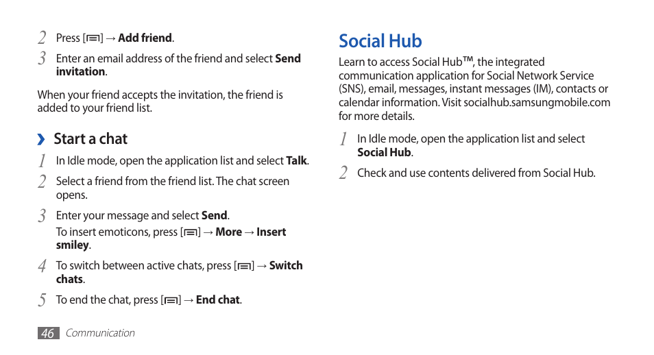 Social hub | Samsung GALAXY GT-S5570 User Manual | Page 46 / 126