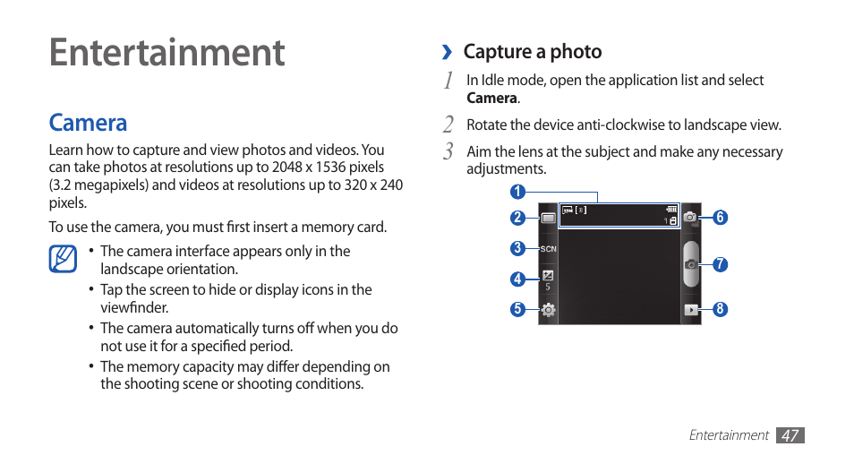 Entertainment, Camera | Samsung GALAXY GT-S5570 User Manual | Page 47 / 126