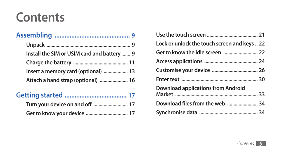 Samsung GALAXY GT-S5570 User Manual | Page 5 / 126