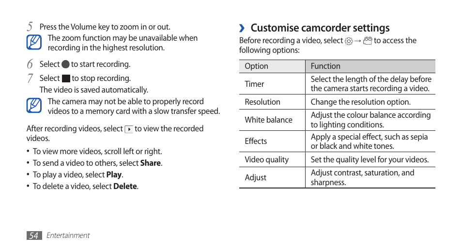 Customise camcorder settings | Samsung GALAXY GT-S5570 User Manual | Page 54 / 126