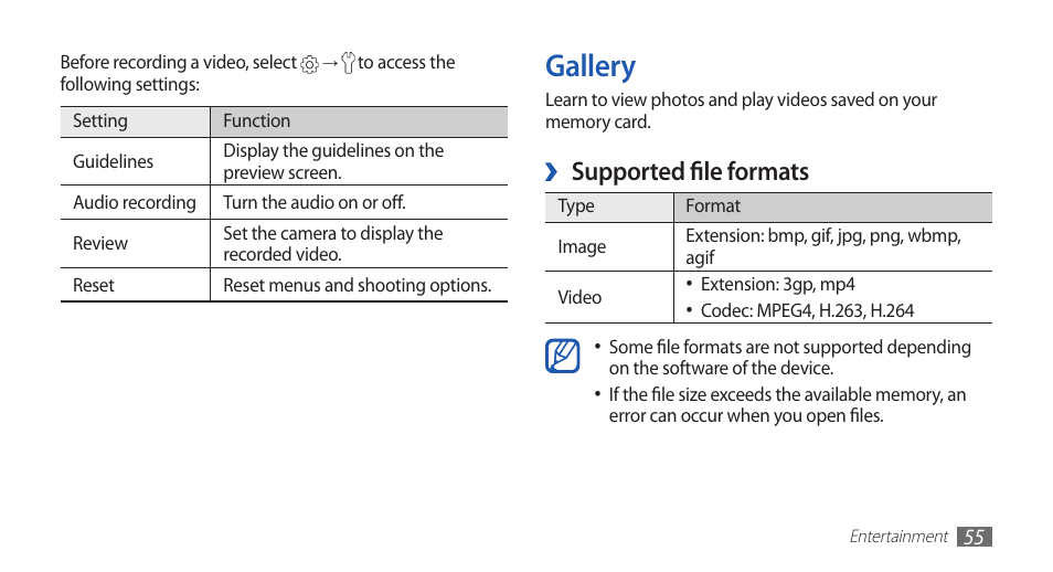Gallery, Supported file formats | Samsung GALAXY GT-S5570 User Manual | Page 55 / 126