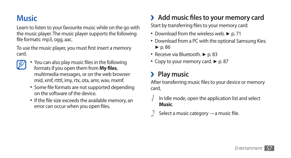 Music, Play music | Samsung GALAXY GT-S5570 User Manual | Page 57 / 126